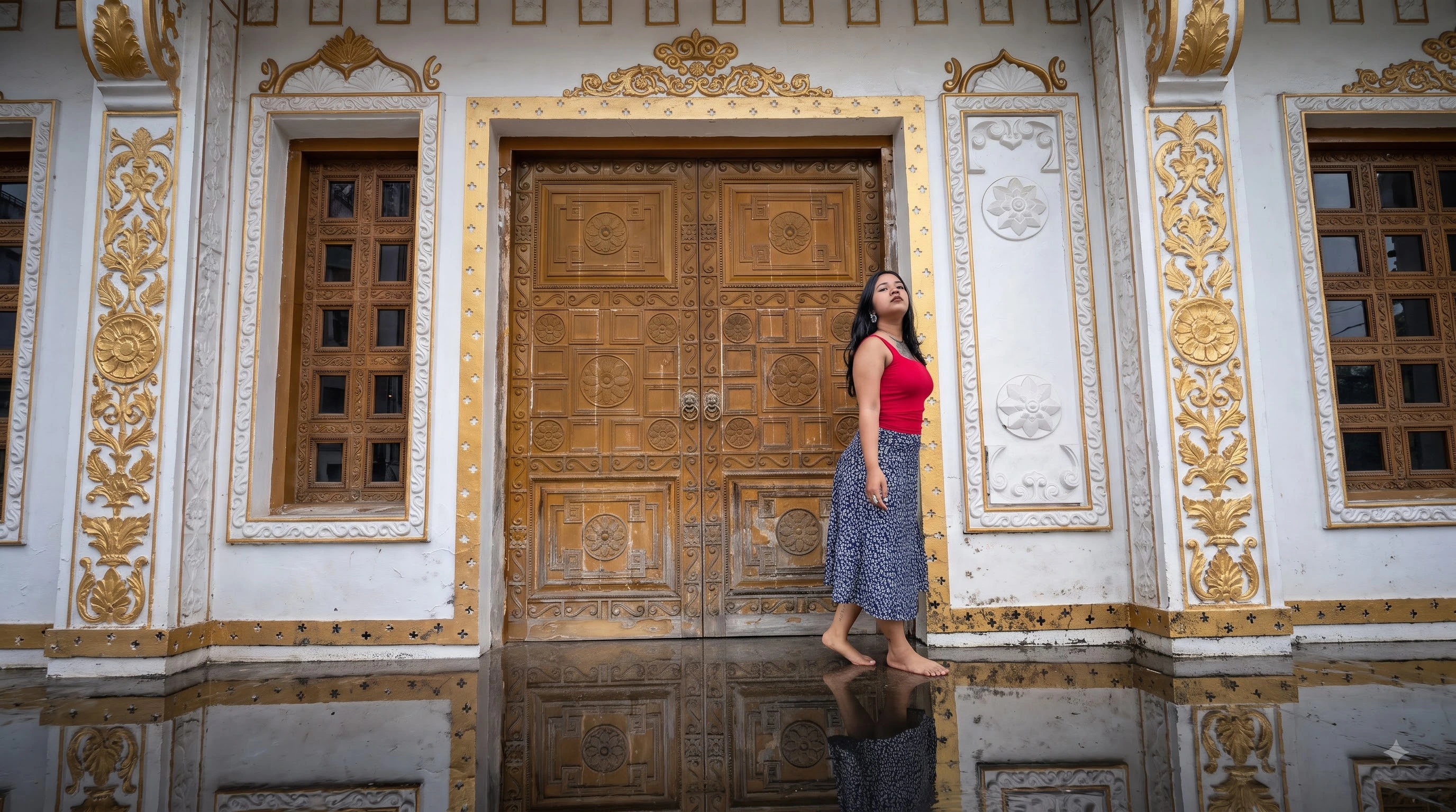 Prerna photographing a colourful temple Gopuram at sunset