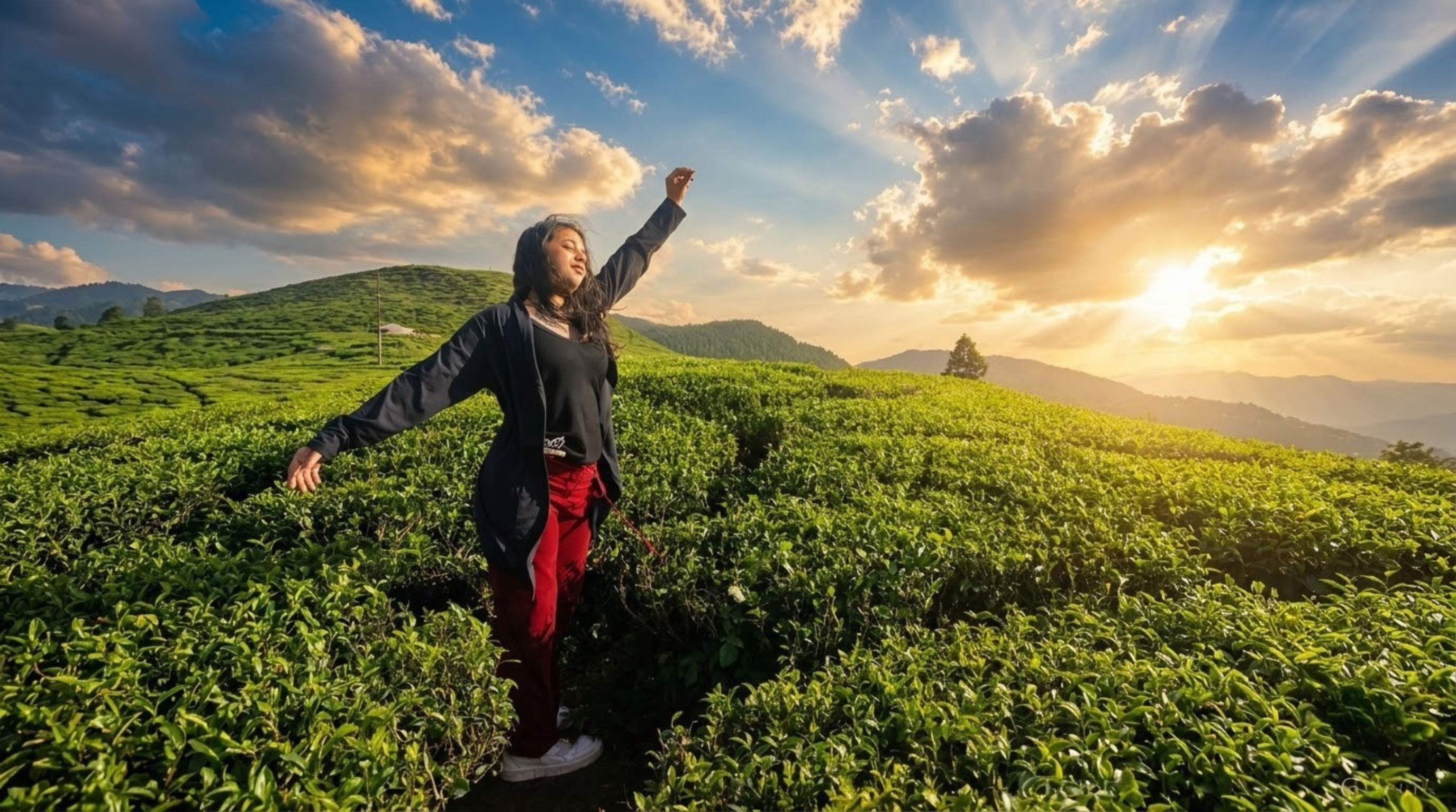 Prerna walking through golden hour tea rows in Munnar