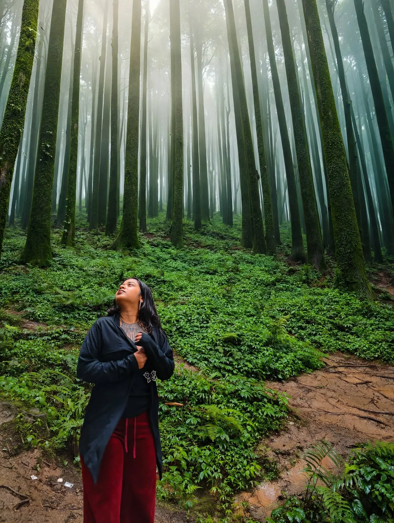 Prerna in a misty forest cathedral in Lamahatta