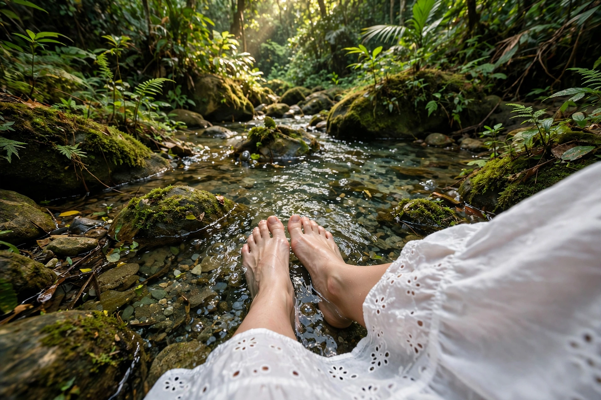 Bare feet in a mountain stream